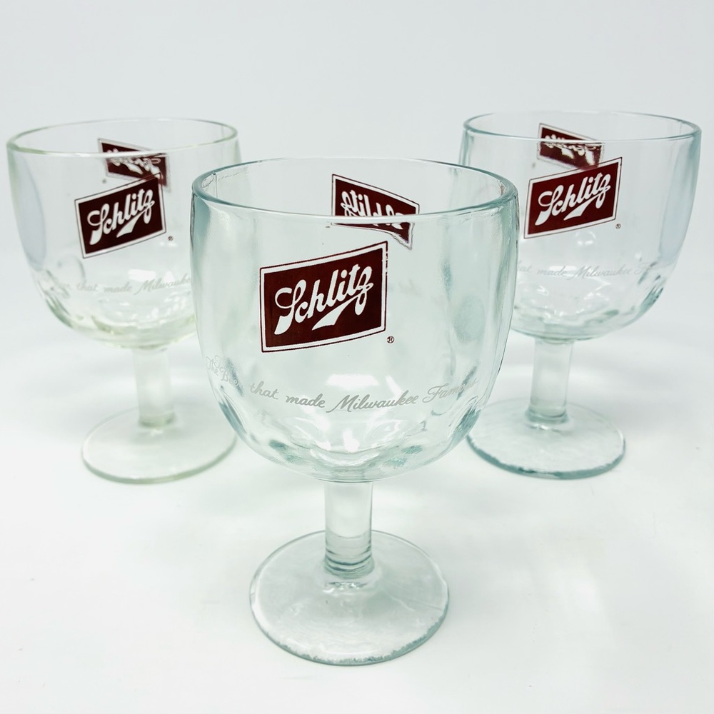 Vintage Schlitz ThumbPrint Beer Goblets Glasses Set of 3 Breweriana Barware 70's